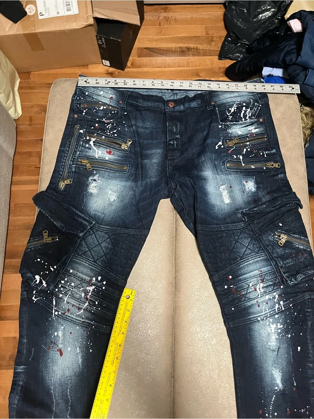 Rockstar Men's Dark Blue Distressed Paint-Splatter Jeans size 40